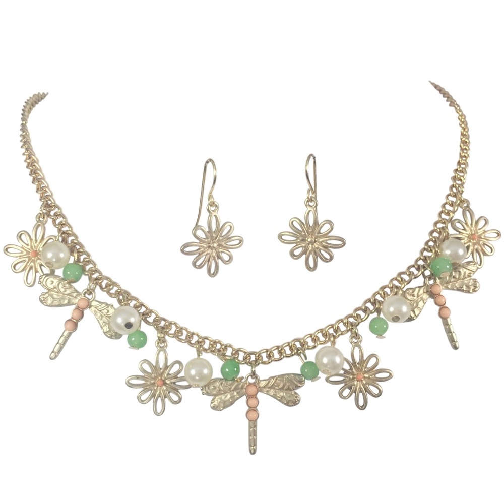 Mint Green & Pink Dragonfly Daisy Flower Charm Gold Necklace Earrings Set